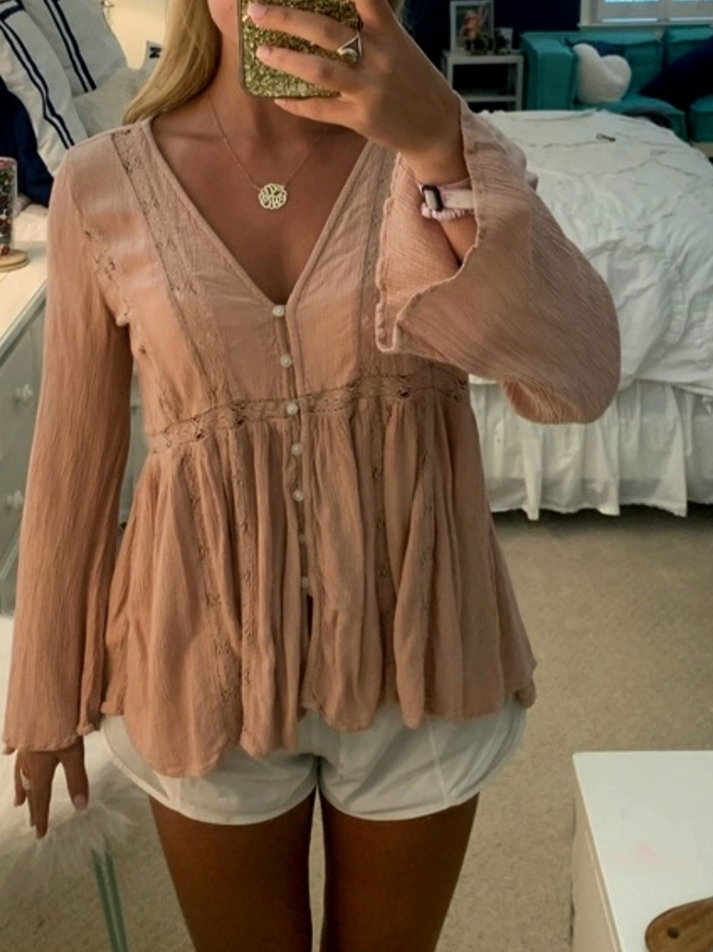 American Eagle Outfitters Long Sleeve Baby Doll Peasant Blouse Dusty Rose - Picture 2 of 7